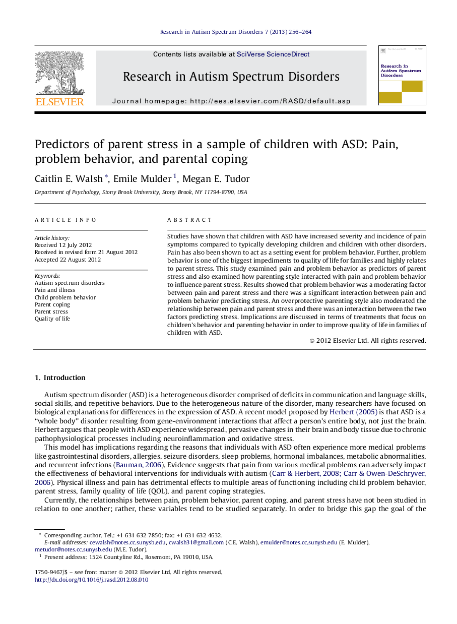 Predictors of parent stress in a sample of children with ASD: Pain, problem behavior, and parental coping