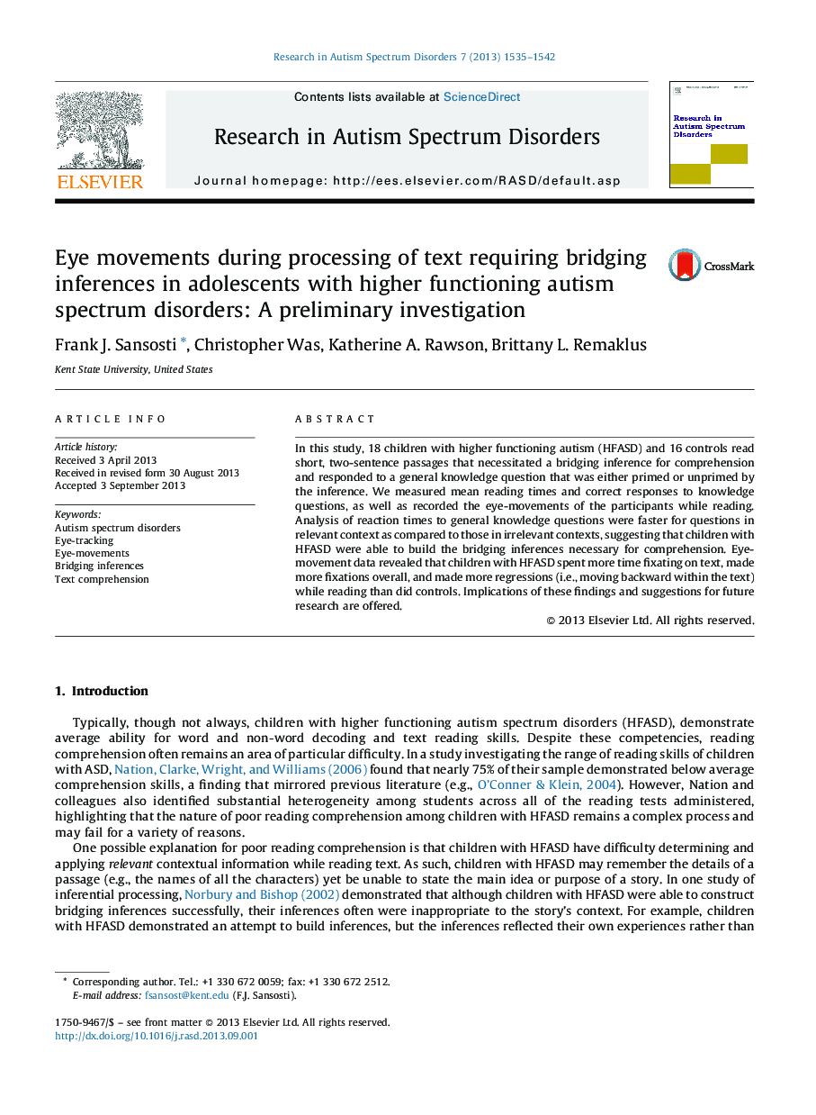 Eye movements during processing of text requiring bridging inferences in adolescents with higher functioning autism spectrum disorders: A preliminary investigation