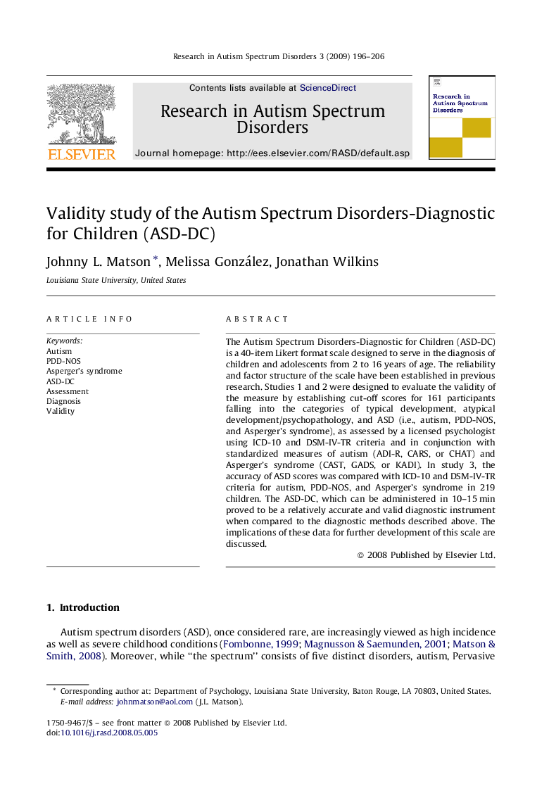 Validity study of the Autism Spectrum Disorders-Diagnostic for Children (ASD-DC)