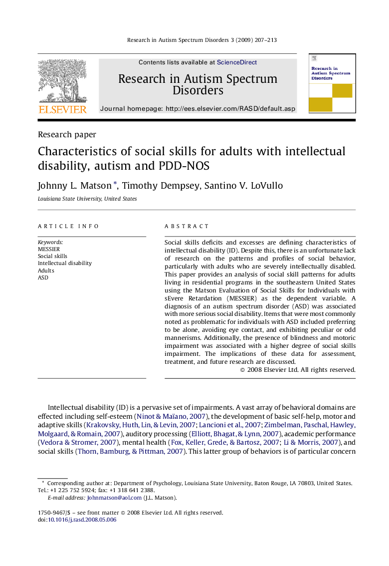 Characteristics of social skills for adults with intellectual disability, autism and PDD-NOS