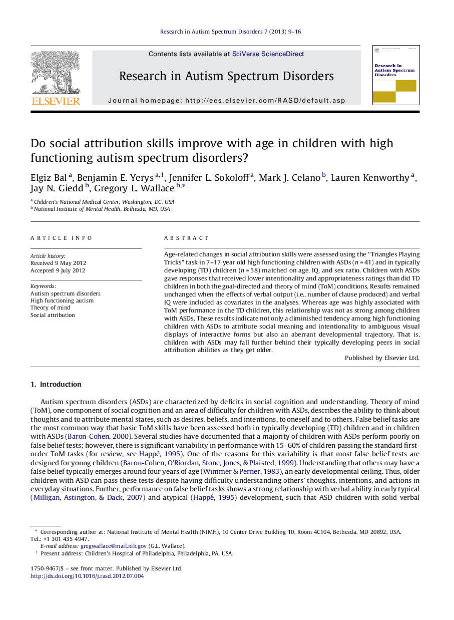 Do social attribution skills improve with age in children with high functioning autism spectrum disorders?