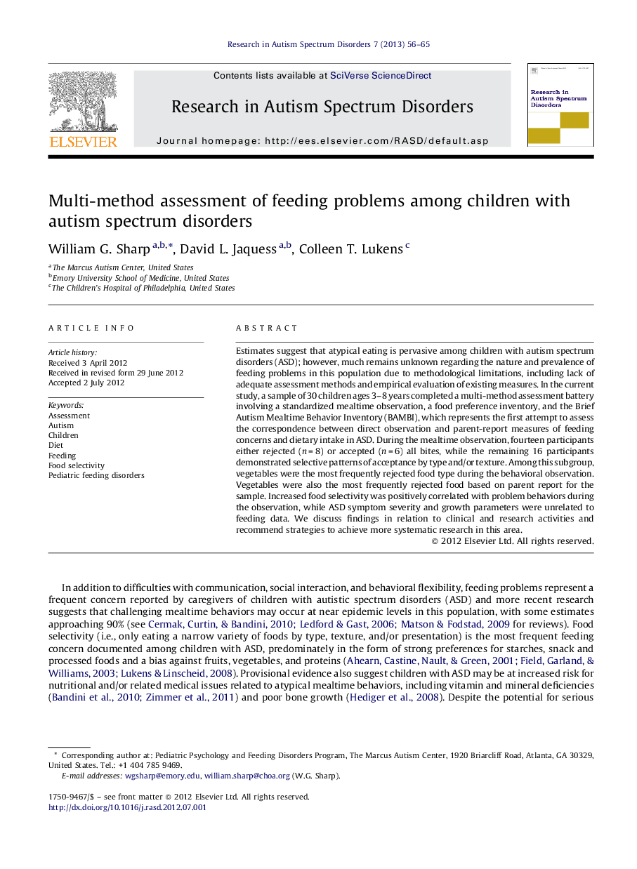 Multi-method assessment of feeding problems among children with autism spectrum disorders