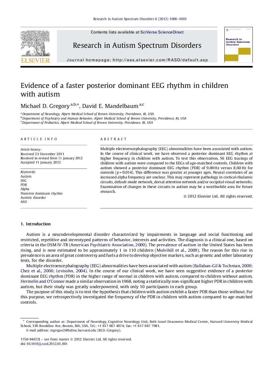 Evidence of a faster posterior dominant EEG rhythm in children with autism