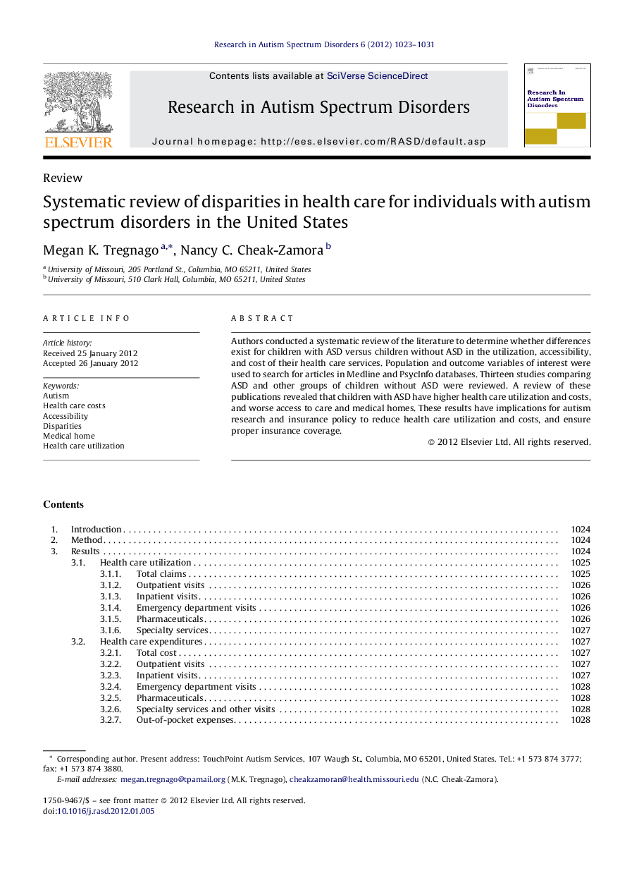 Systematic review of disparities in health care for individuals with autism spectrum disorders in the United States