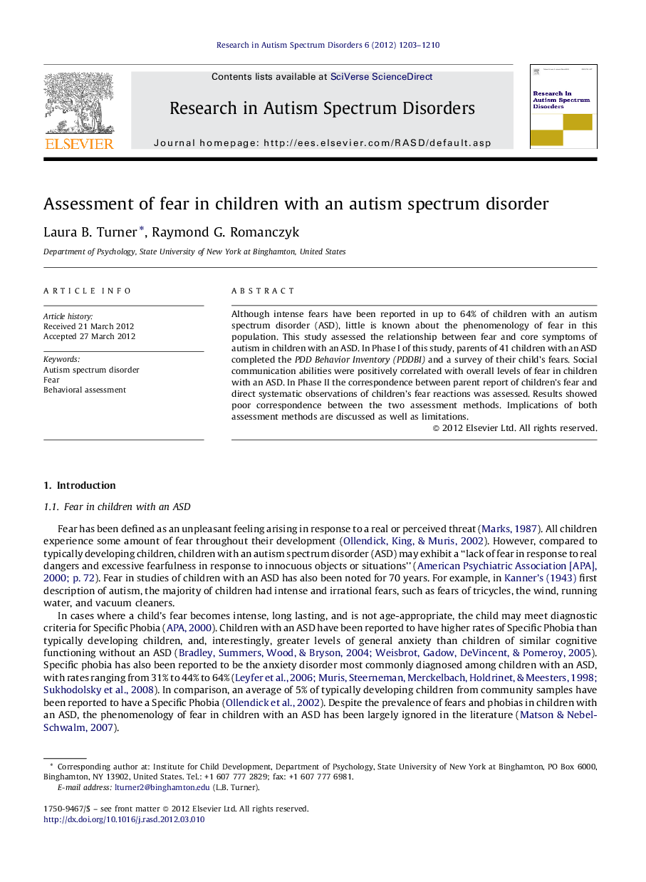 Assessment of fear in children with an autism spectrum disorder