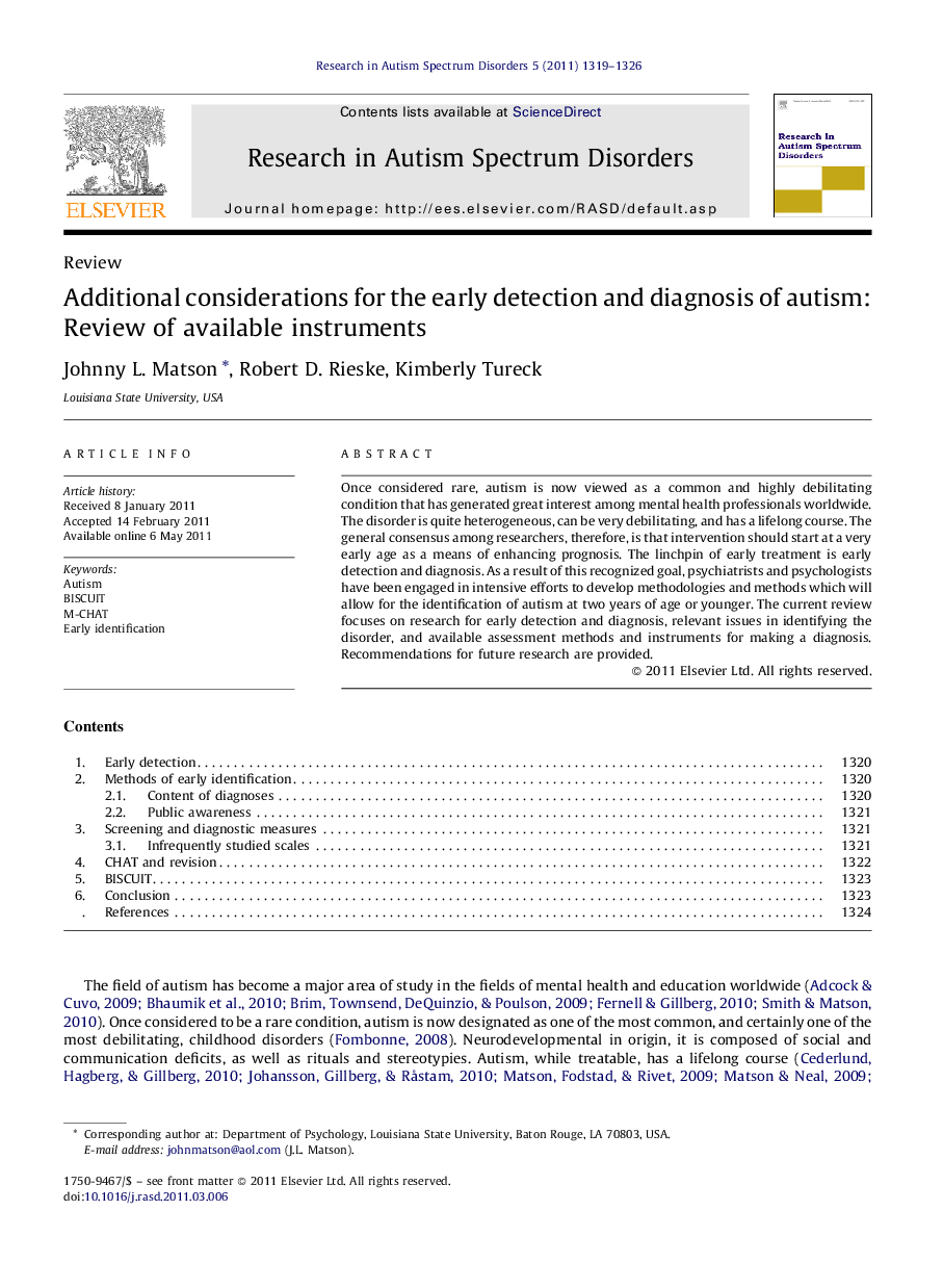 Additional considerations for the early detection and diagnosis of autism: Review of available instruments