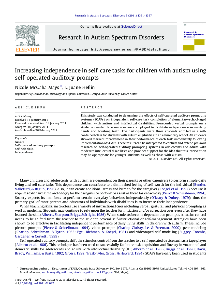 Increasing independence in self-care tasks for children with autism using self-operated auditory prompts