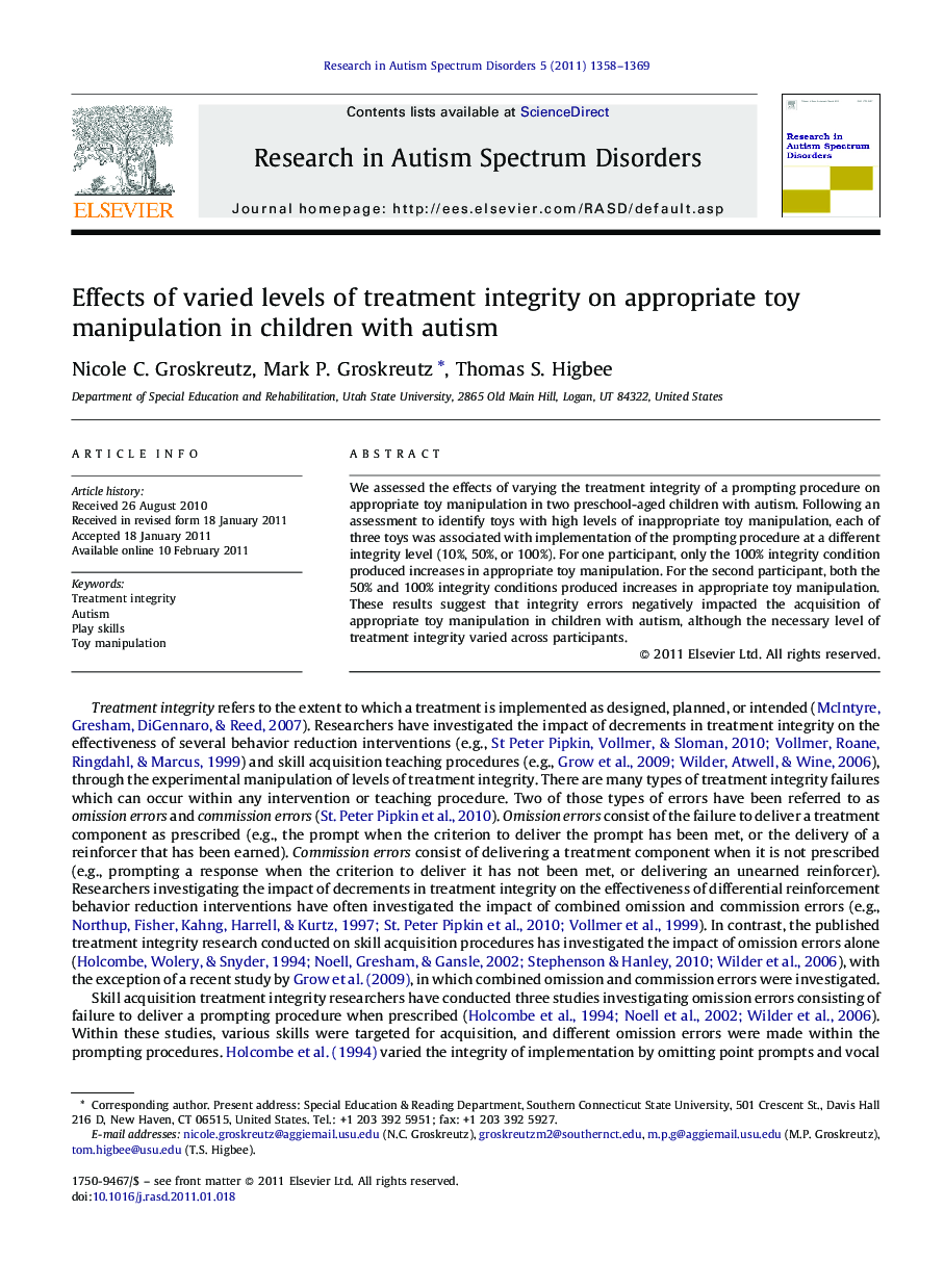 Effects of varied levels of treatment integrity on appropriate toy manipulation in children with autism