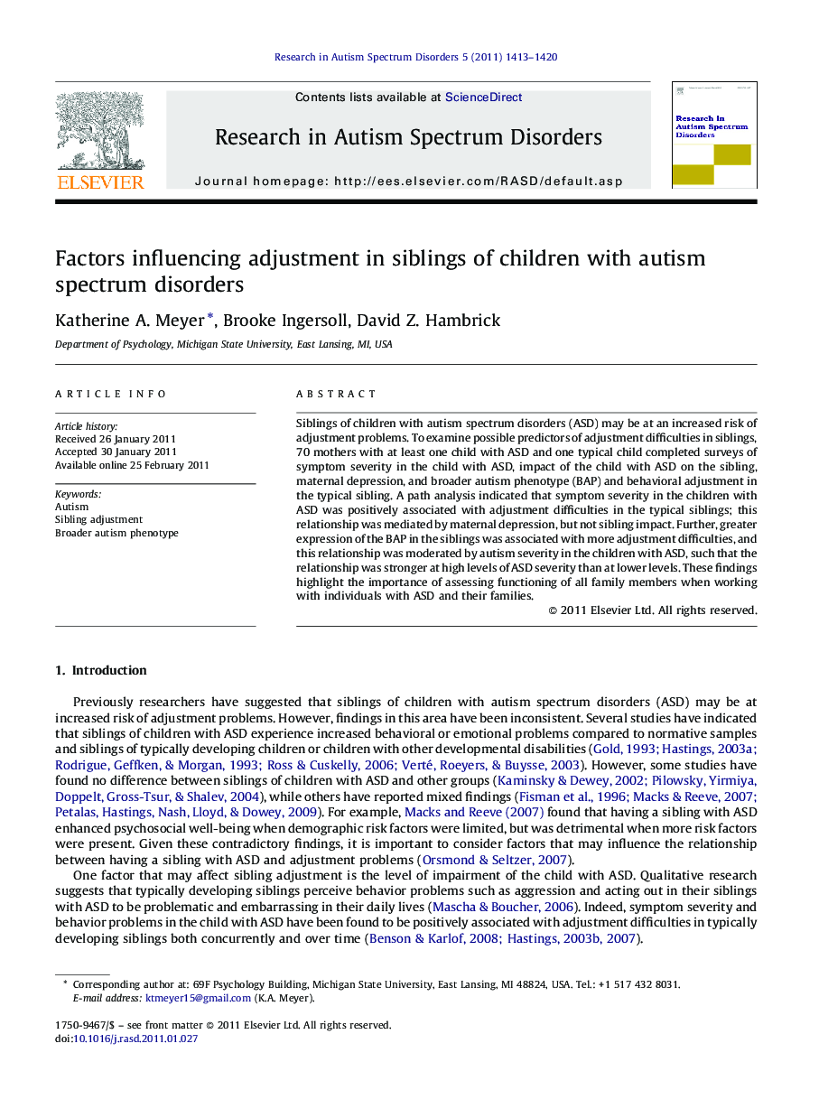 Factors influencing adjustment in siblings of children with autism spectrum disorders