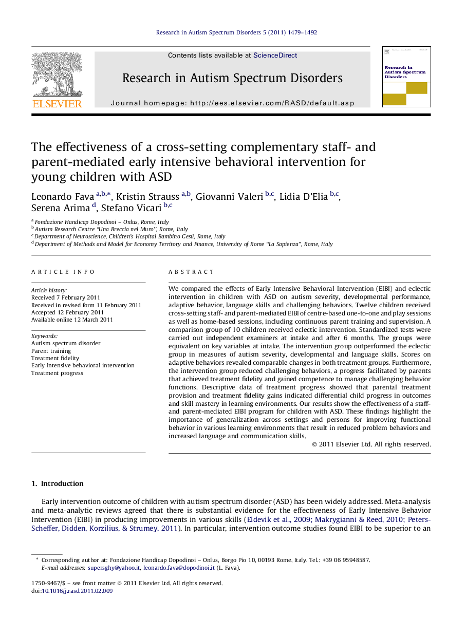 The effectiveness of a cross-setting complementary staff- and parent-mediated early intensive behavioral intervention for young children with ASD