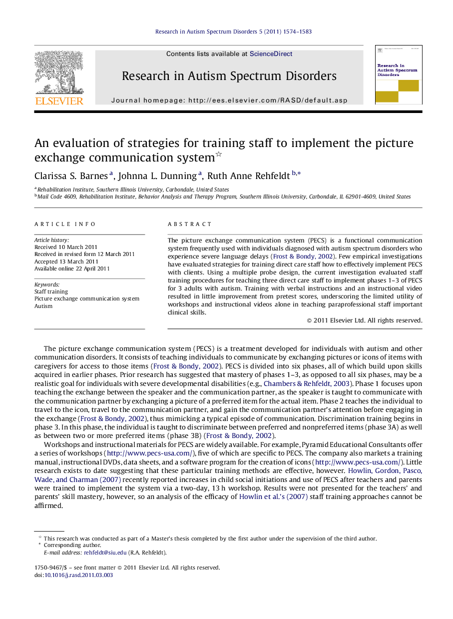 An evaluation of strategies for training staff to implement the picture exchange communication system 