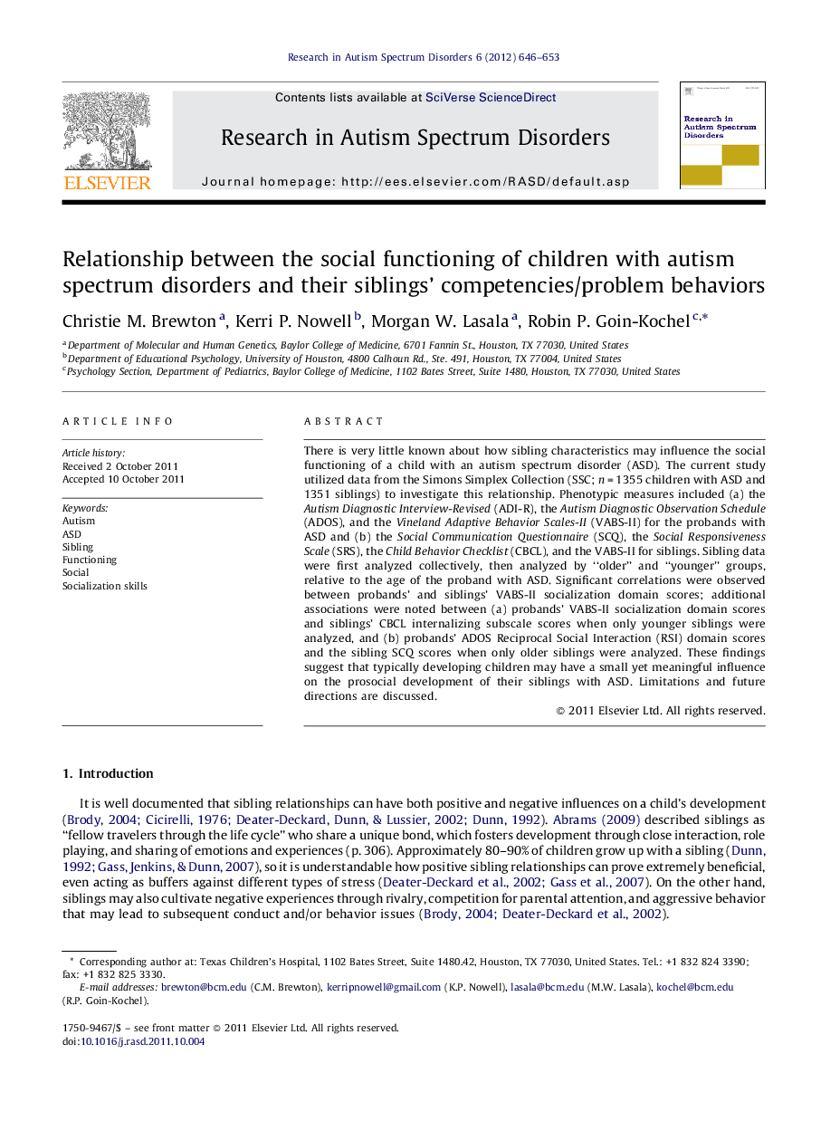 Relationship between the social functioning of children with autism spectrum disorders and their siblings’ competencies/problem behaviors