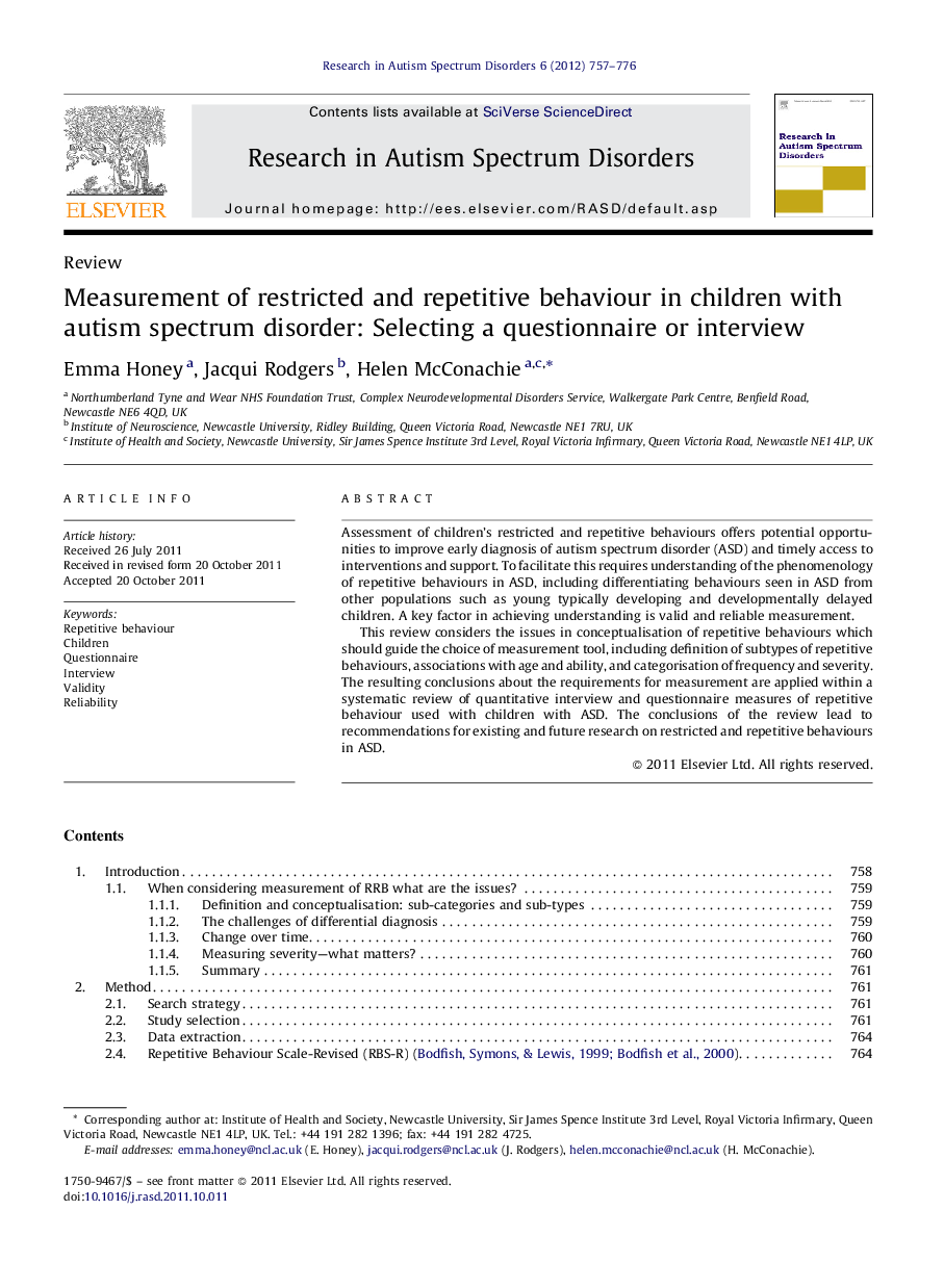 Measurement of restricted and repetitive behaviour in children with autism spectrum disorder: Selecting a questionnaire or interview