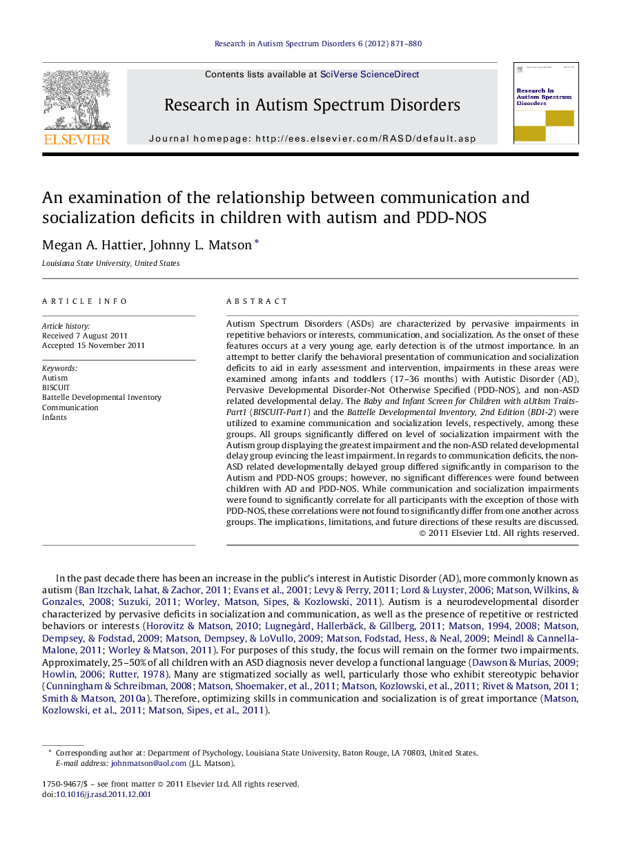 An examination of the relationship between communication and socialization deficits in children with autism and PDD-NOS