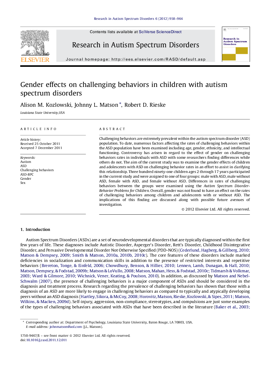 Gender effects on challenging behaviors in children with autism spectrum disorders