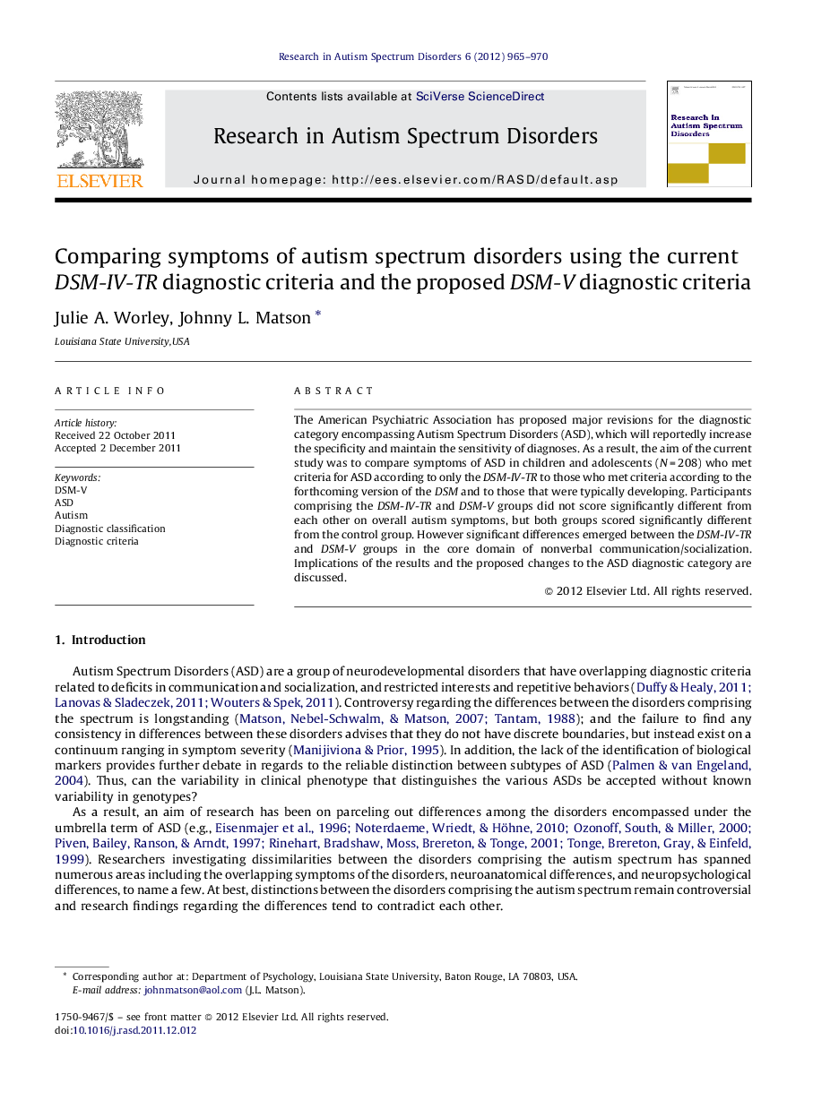 عکس صفحه اول مقاله: Comparing symptoms of autism spectrum disorders using the current DSM-IV-TR diagnostic criteria and the proposed DSM-V diagnostic criteria Comparing symptoms of autism spectrum disorders using the current DSM-IV-TR diagnostic criteria and the proposed DSM-V diagnostic criteria