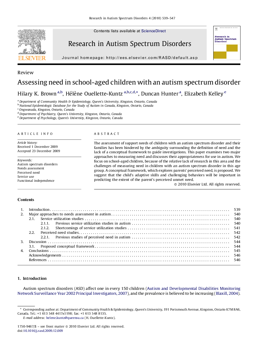 Assessing need in school-aged children with an autism spectrum disorder