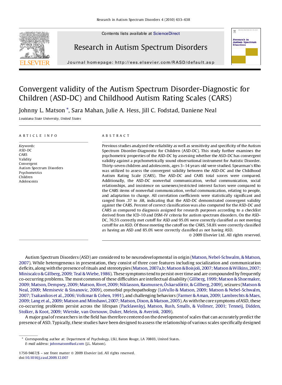 Convergent validity of the Autism Spectrum Disorder-Diagnostic for Children (ASD-DC) and Childhood Autism Rating Scales (CARS)