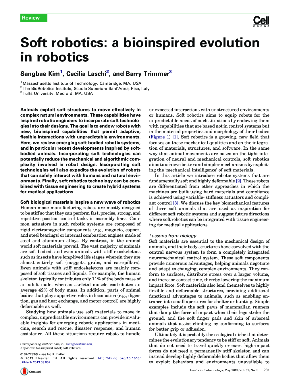 Soft robotics: a bioinspired evolution in robotics