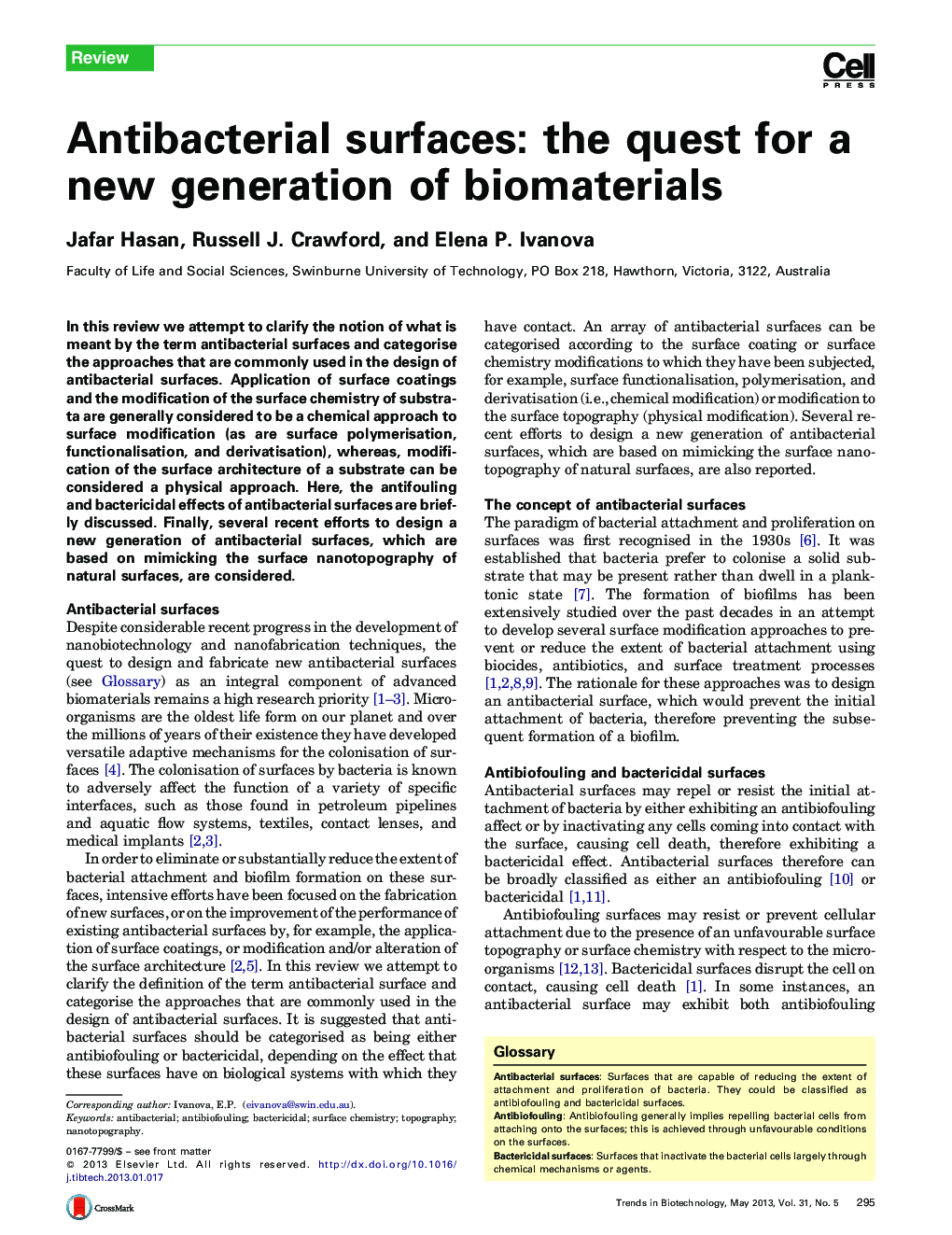 عکس صفحه اول مقاله: Antibacterial surfaces: the quest for a new generation of biomaterials Antibacterial surfaces: the quest for a new generation of biomaterials