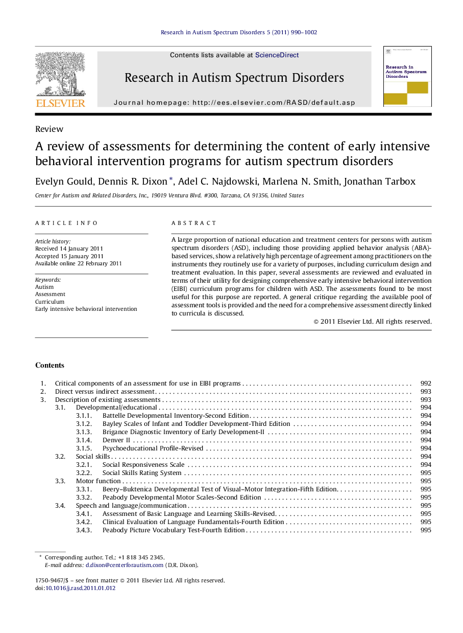 A review of assessments for determining the content of early intensive behavioral intervention programs for autism spectrum disorders