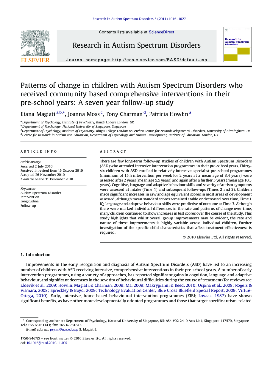 Patterns of change in children with Autism Spectrum Disorders who received community based comprehensive interventions in their pre-school years: A seven year follow-up study