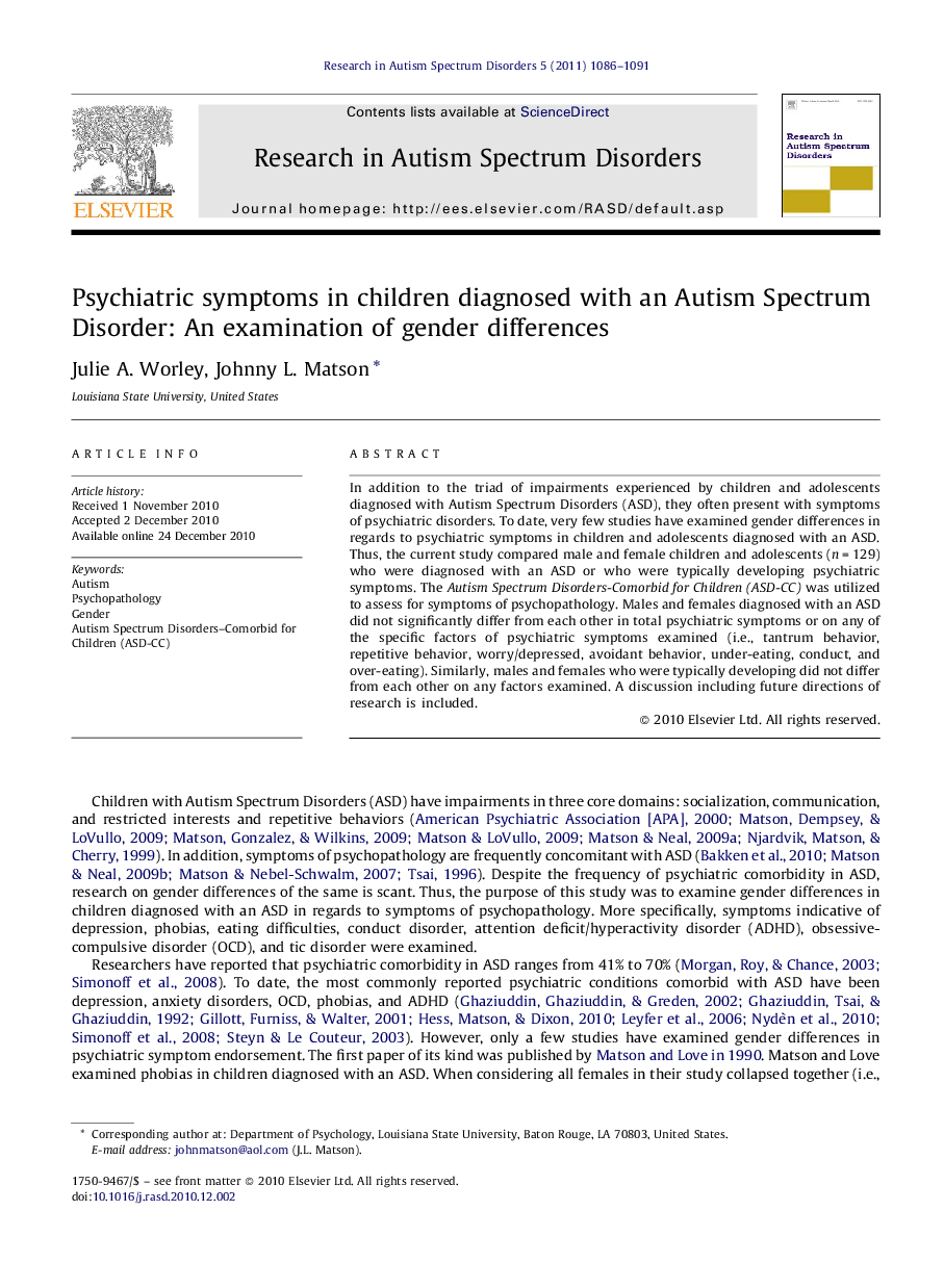 Psychiatric symptoms in children diagnosed with an Autism Spectrum Disorder: An examination of gender differences