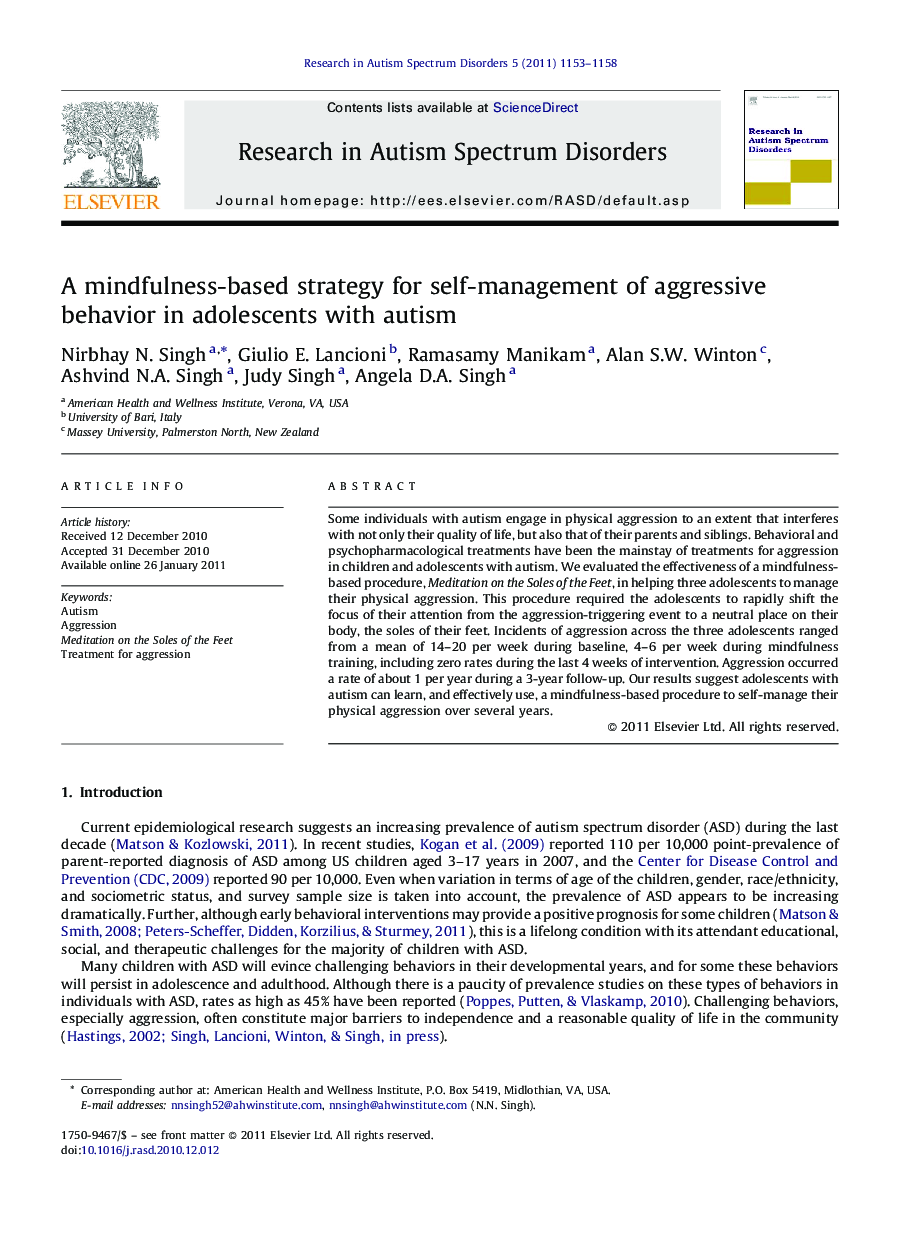 A mindfulness-based strategy for self-management of aggressive behavior in adolescents with autism