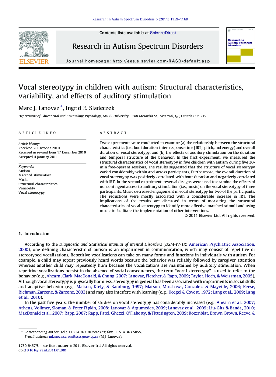 Vocal stereotypy in children with autism: Structural characteristics, variability, and effects of auditory stimulation