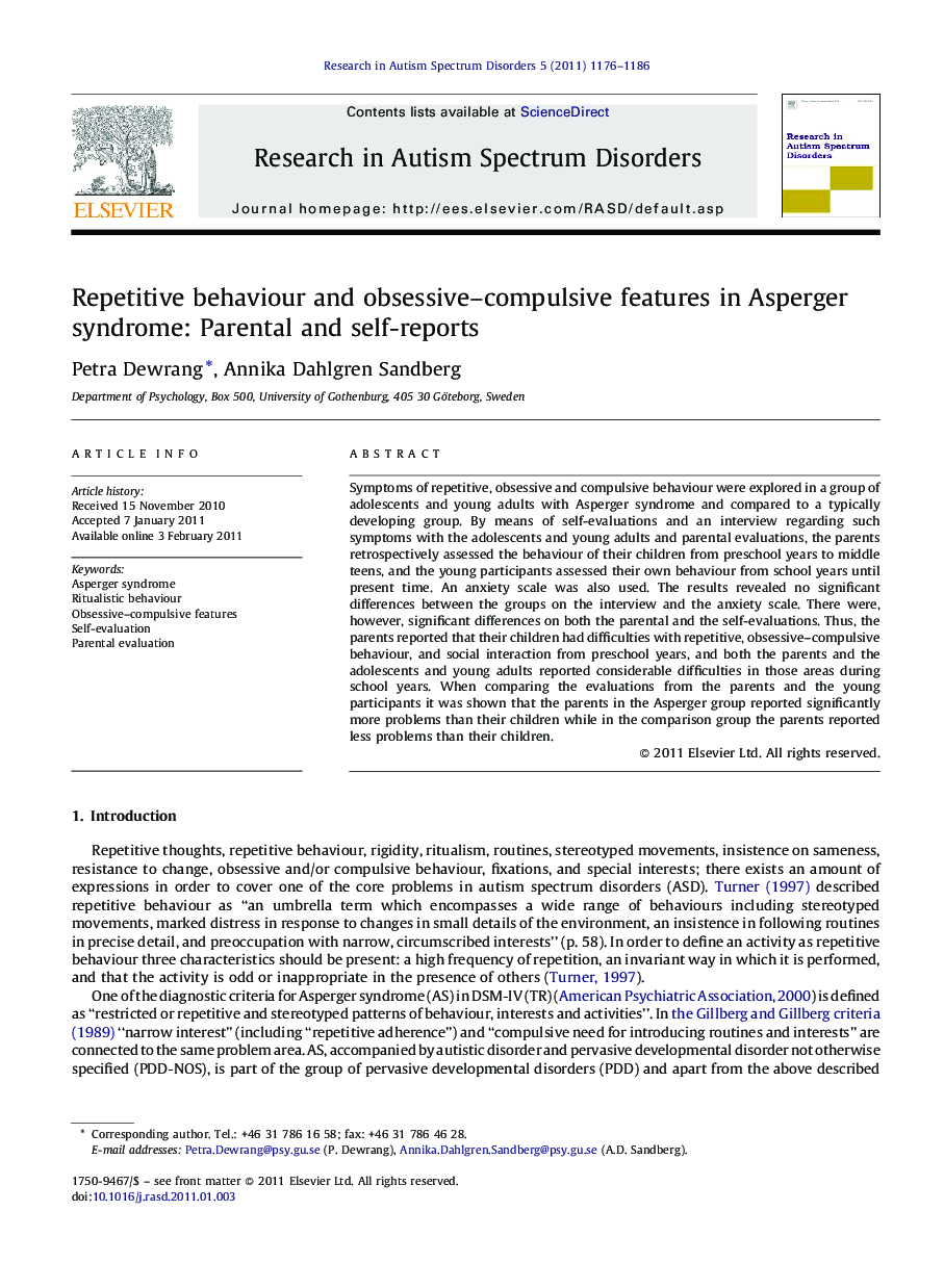 Repetitive behaviour and obsessive–compulsive features in Asperger syndrome: Parental and self-reports