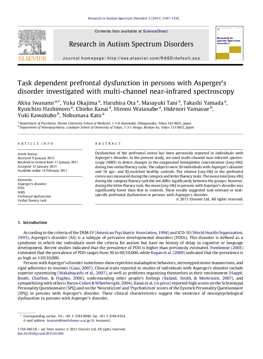 Task dependent prefrontal dysfunction in persons with Asperger's disorder investigated with multi-channel near-infrared spectroscopy