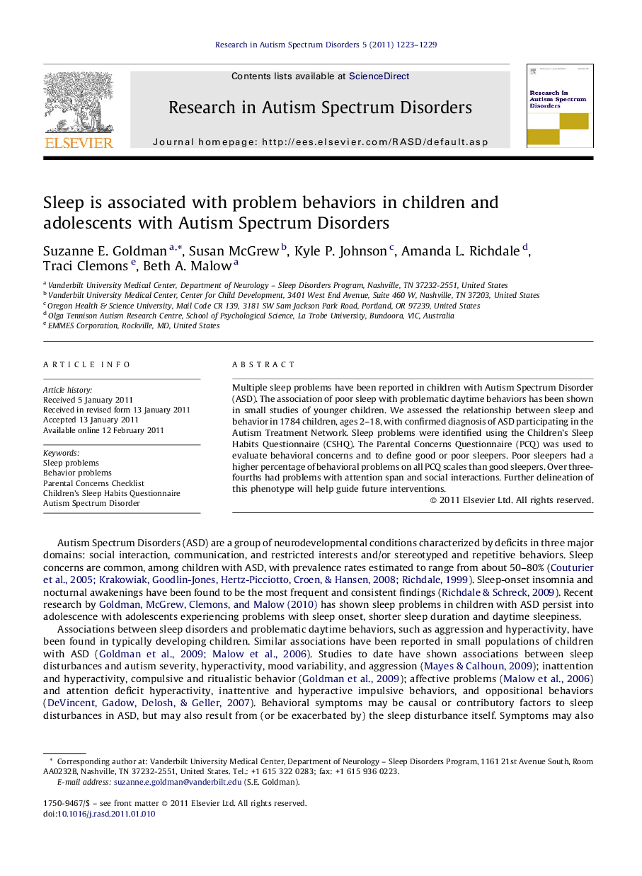 Sleep is associated with problem behaviors in children and adolescents with Autism Spectrum Disorders