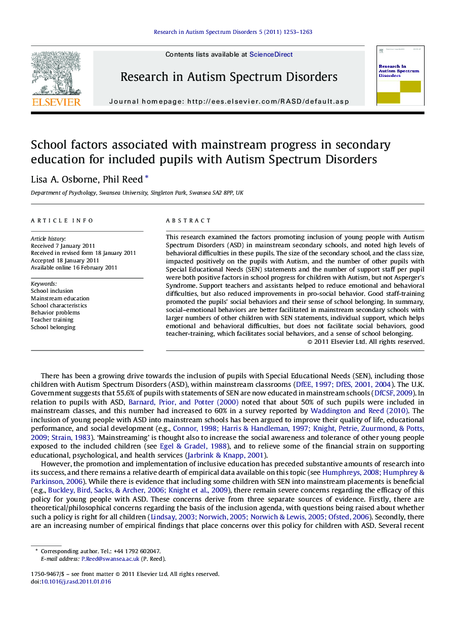 School factors associated with mainstream progress in secondary education for included pupils with Autism Spectrum Disorders