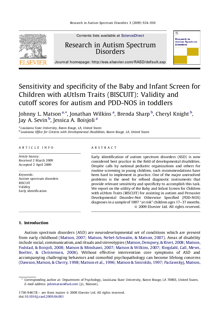 Sensitivity and specificity of the Baby and Infant Screen for Children with aUtIsm Traits (BISCUIT): Validity and cutoff scores for autism and PDD-NOS in toddlers