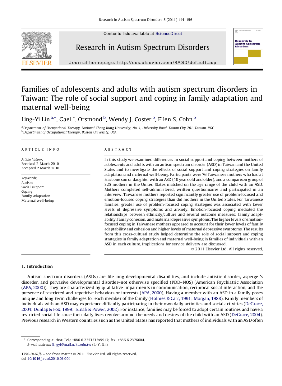 Families of adolescents and adults with autism spectrum disorders in Taiwan: The role of social support and coping in family adaptation and maternal well-being