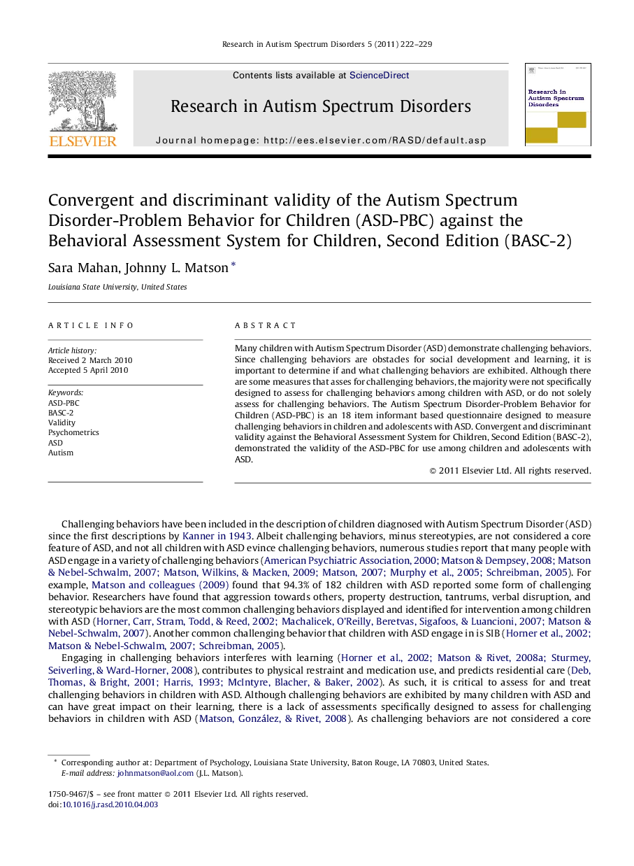 Convergent and discriminant validity of the Autism Spectrum Disorder-Problem Behavior for Children (ASD-PBC) against the Behavioral Assessment System for Children, Second Edition (BASC-2)