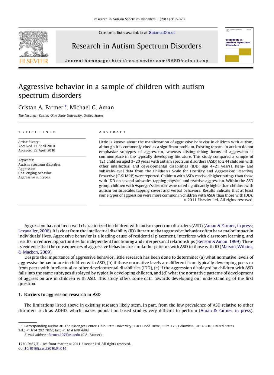 Aggressive behavior in a sample of children with autism spectrum disorders