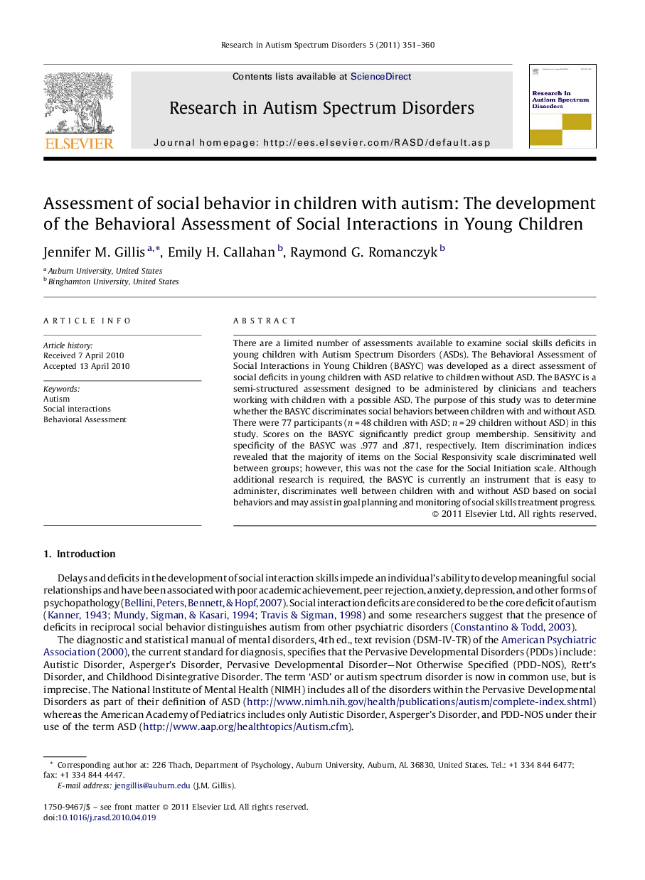 Assessment of social behavior in children with autism: The development of the Behavioral Assessment of Social Interactions in Young Children