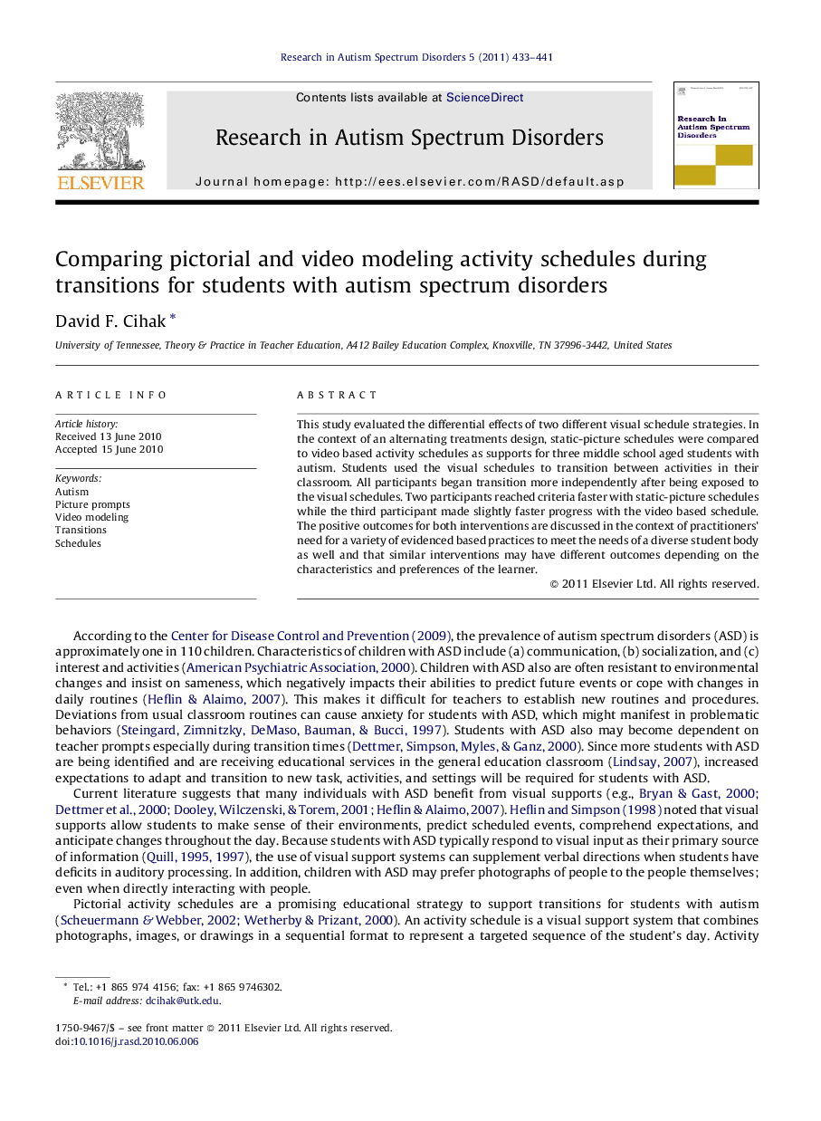 Comparing pictorial and video modeling activity schedules during transitions for students with autism spectrum disorders