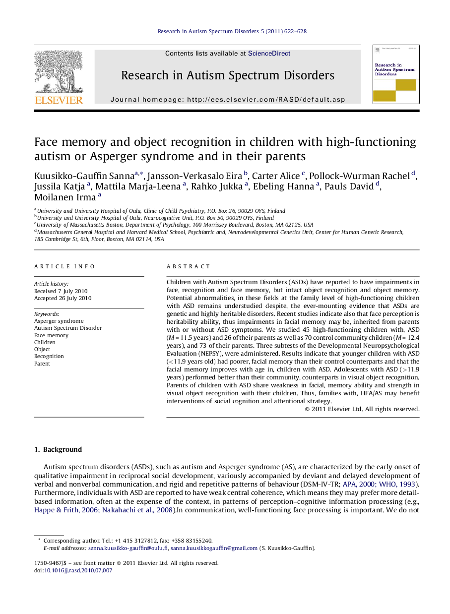 Face memory and object recognition in children with high-functioning autism or Asperger syndrome and in their parents