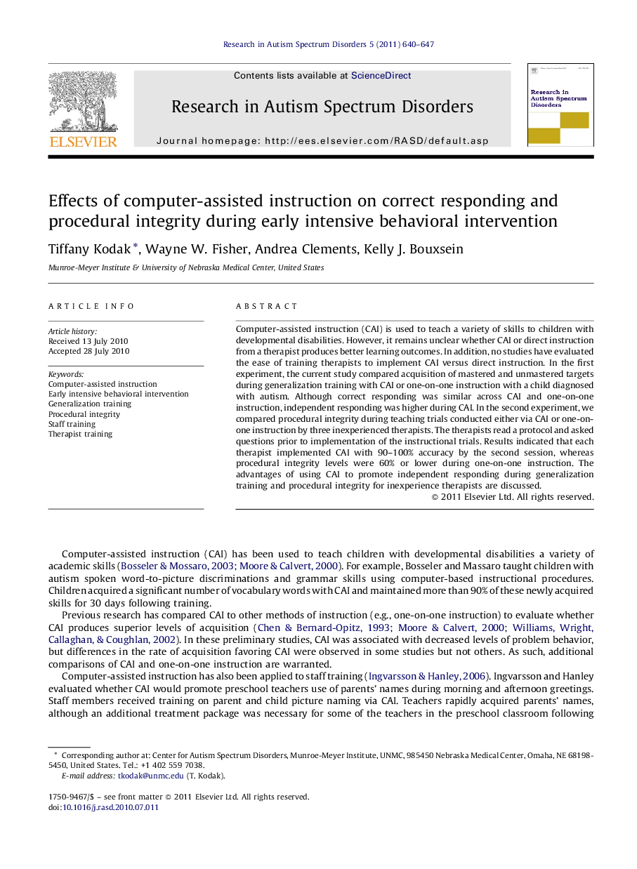 Effects of computer-assisted instruction on correct responding and procedural integrity during early intensive behavioral intervention