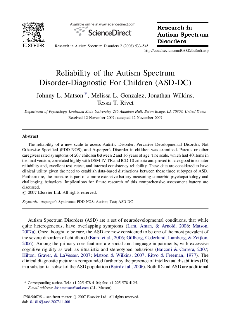 Reliability of the Autism Spectrum Disorder-Diagnostic For Children (ASD-DC)