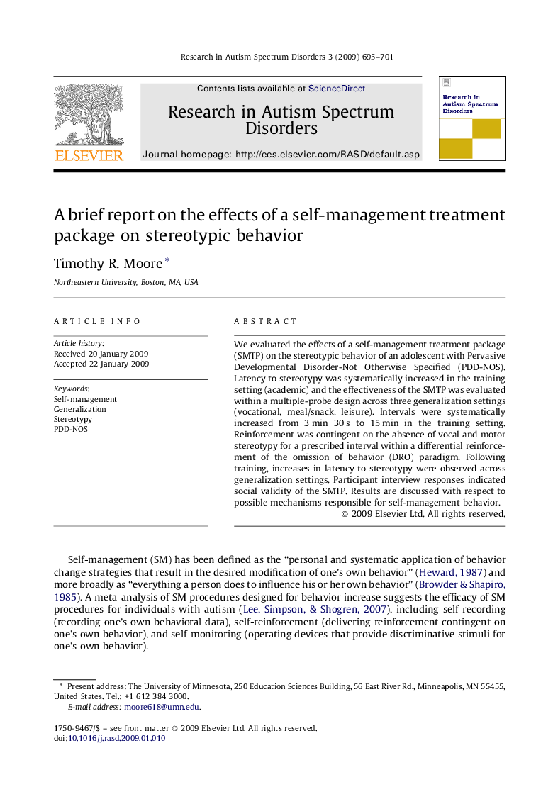 A brief report on the effects of a self-management treatment package on stereotypic behavior