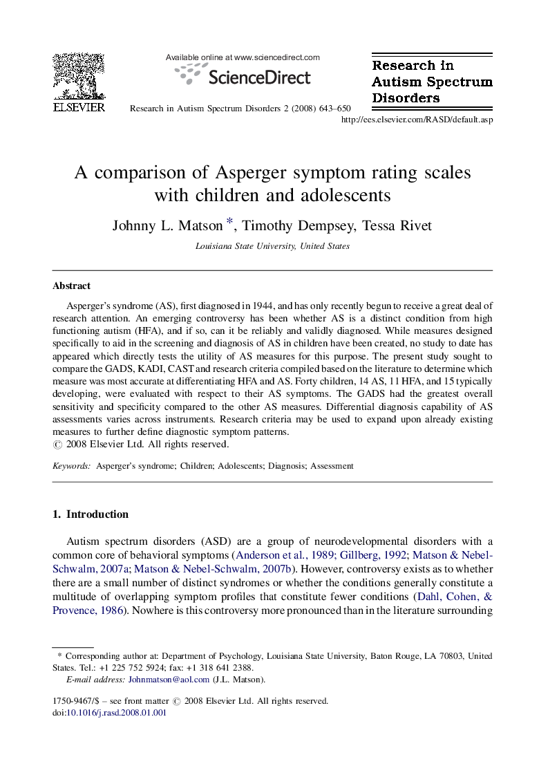 A comparison of Asperger symptom rating scales with children and adolescents