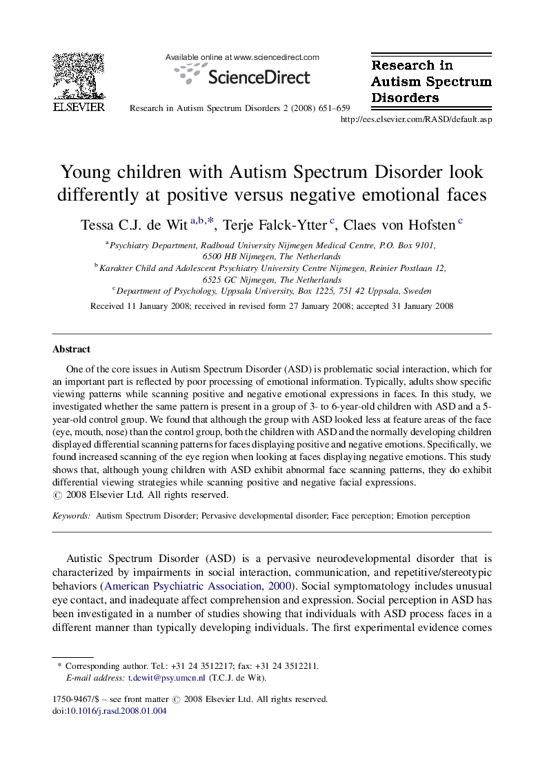 Young children with Autism Spectrum Disorder look differently at positive versus negative emotional faces