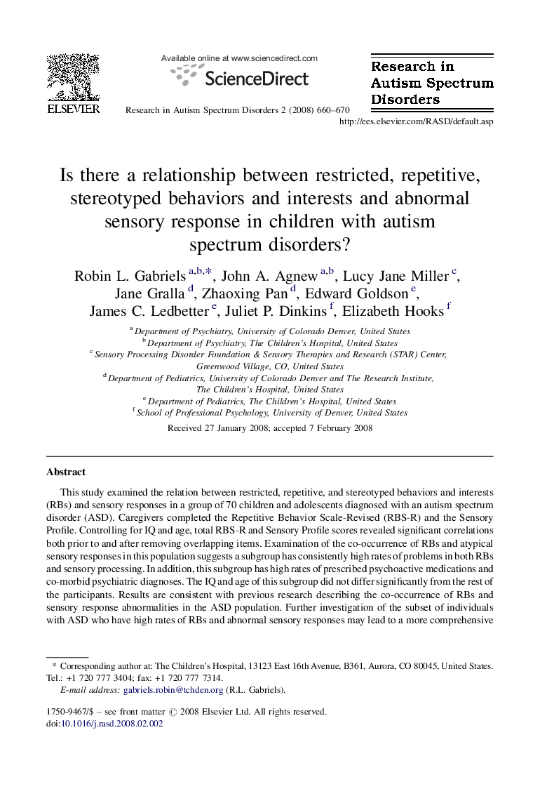 Is there a relationship between restricted, repetitive, stereotyped behaviors and interests and abnormal sensory response in children with autism spectrum disorders?