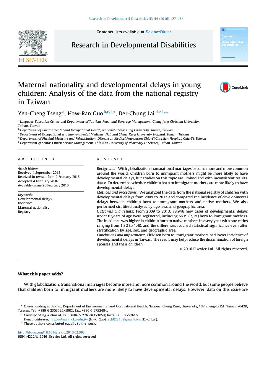 Maternal nationality and developmental delays in young children: Analysis of the data from the national registry in Taiwan