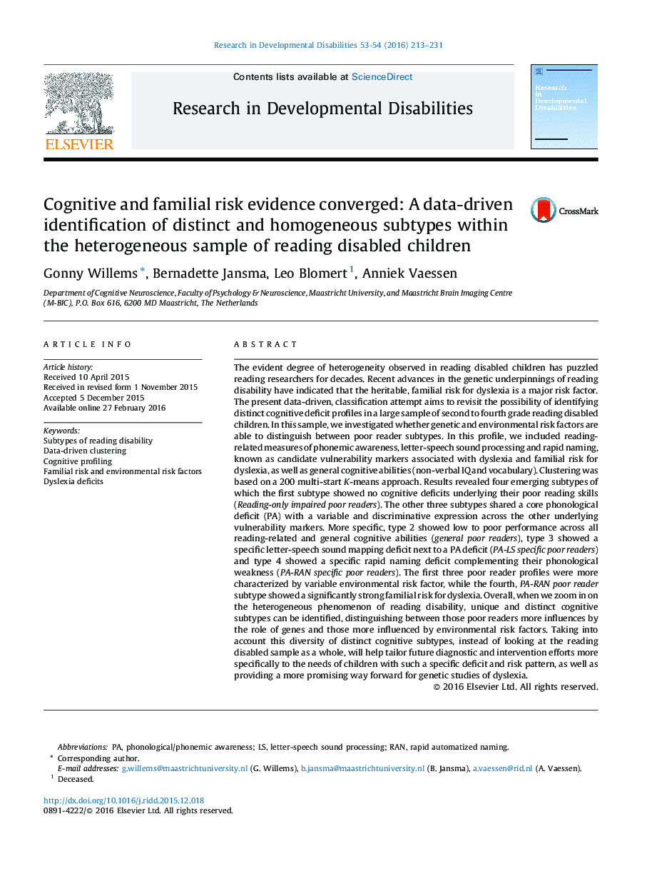 شواهد خطر شناختی و خانوادگی همگرا: شناسایی داده محور از زیرگروه های متمایز و همگن در نمونه های ناهمگن از خواندن کودکان معلول