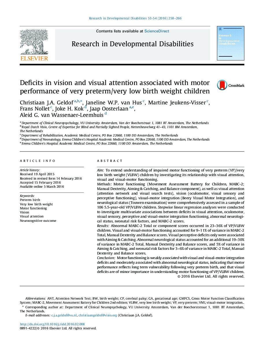 کسری در چشم انداز و توجه بصری مرتبط با عملکرد حرکتی کودکان بسیار زودرس /با وزن تولد بسیار کم