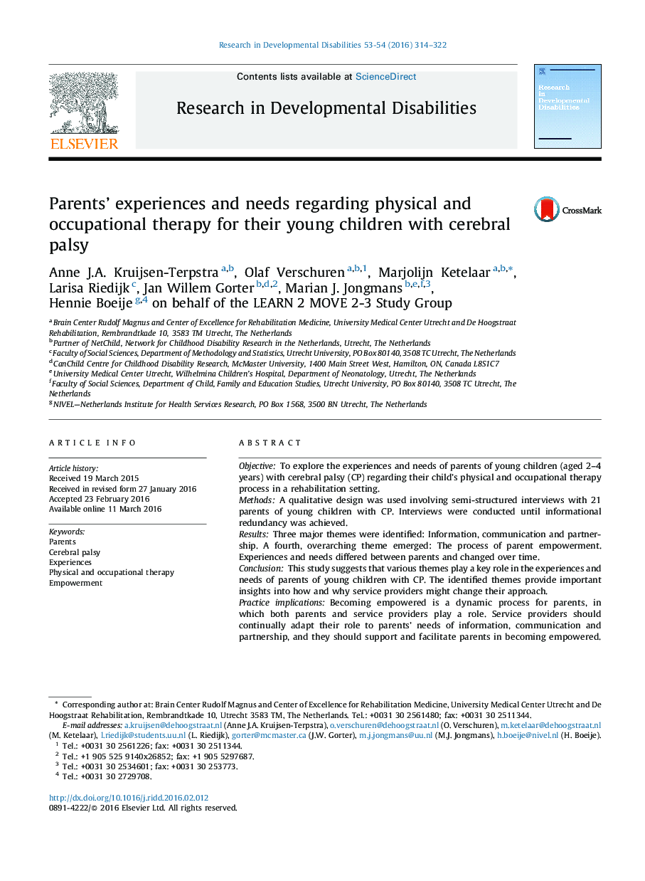 Parents’ experiences and needs regarding physical and occupational therapy for their young children with cerebral palsy